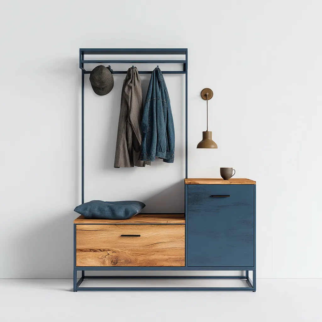 Kapstok hout en metaal - 100x40x185 cm - blauw-natuur - met zitbank en opbergkast-Decoroliq