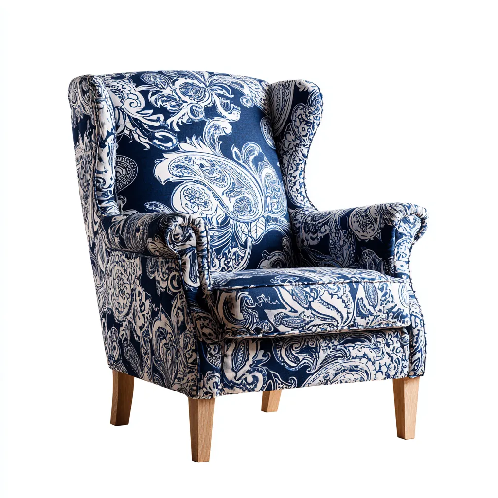 Fauteuil stof en hout - 85x80x100 cm - blauw-wit - klassiek barok patroon-Decoroliq