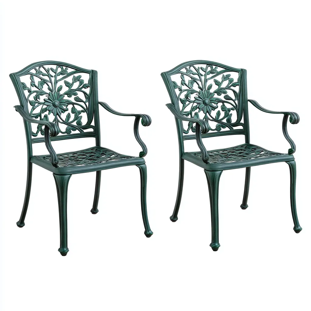 Tuinstoelen set - gegoten aluminium - 56x60x89 cm - donkergroen - met armleuningen - geschikt voor buiten - bloemmotief ontwerp-Decoroliq