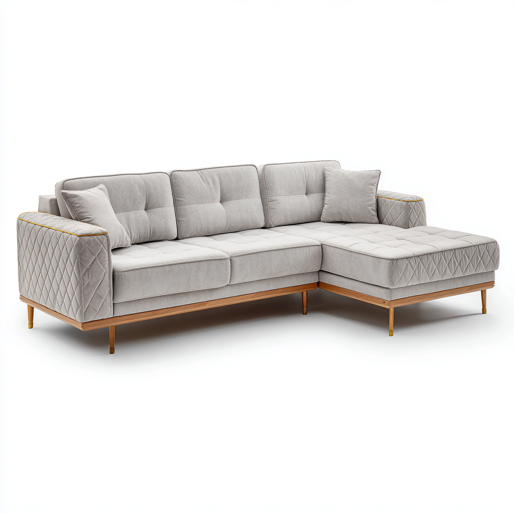 Hoekbank fluweel 275x175x85 cm - lichtgrijs - moderne hoekbank met houten frame en gouden details-Decoroliq