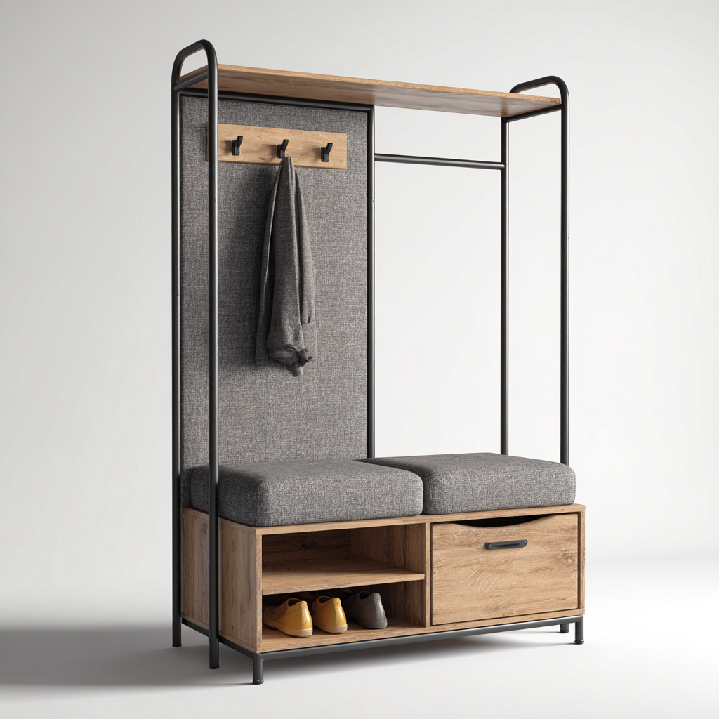 Kapstok metaal en eikenhout 100x45x180 cm - met zitbank en opberglade - industrieel ontwerp-Decoroliq