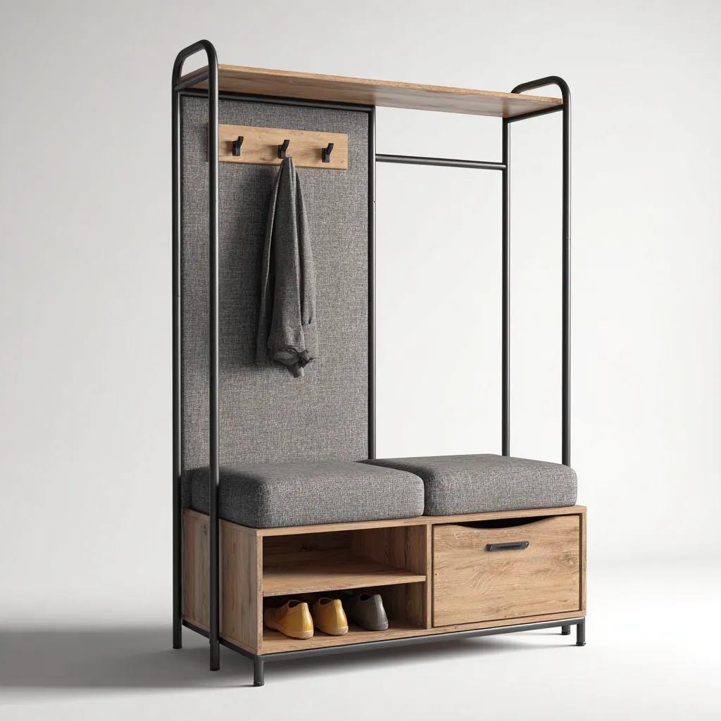 Kapstok metaal en eikenhout 100x45x180 cm - met zitbank en opberglade - industrieel ontwerp-Decoroliq