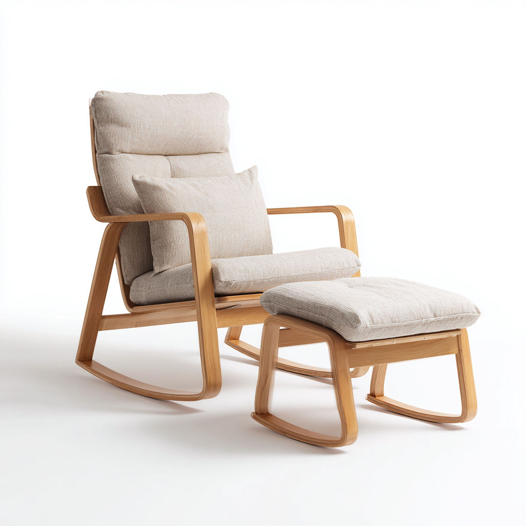 Schommelstoel hout en stof 95x70x105 cm - beige-natuurlijk hout - Scandinavisch ontspannend ontwerp-Decoroliq