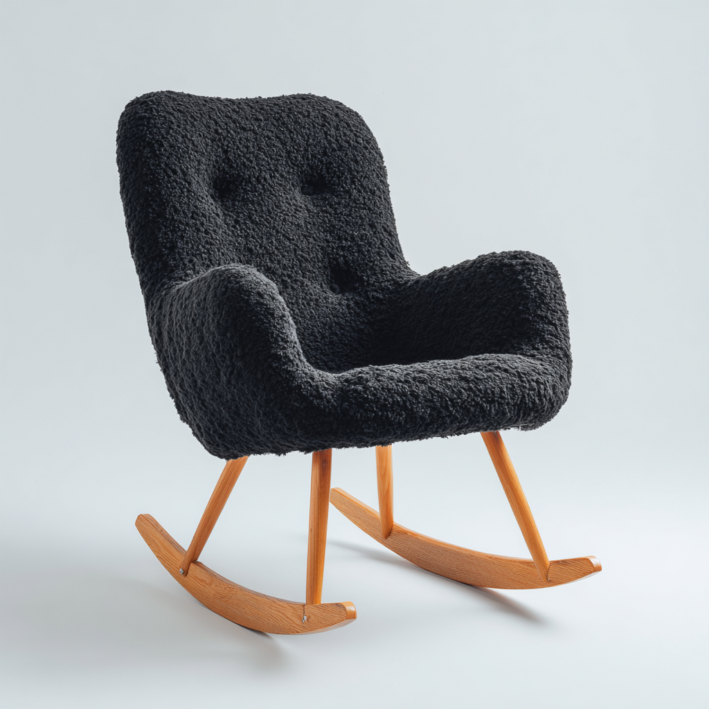 Schommelstoel pluche stof en hout 90x75x100 cm - zwart-natuurlijk hout - modern comfortabel ontwerp-Decoroliq