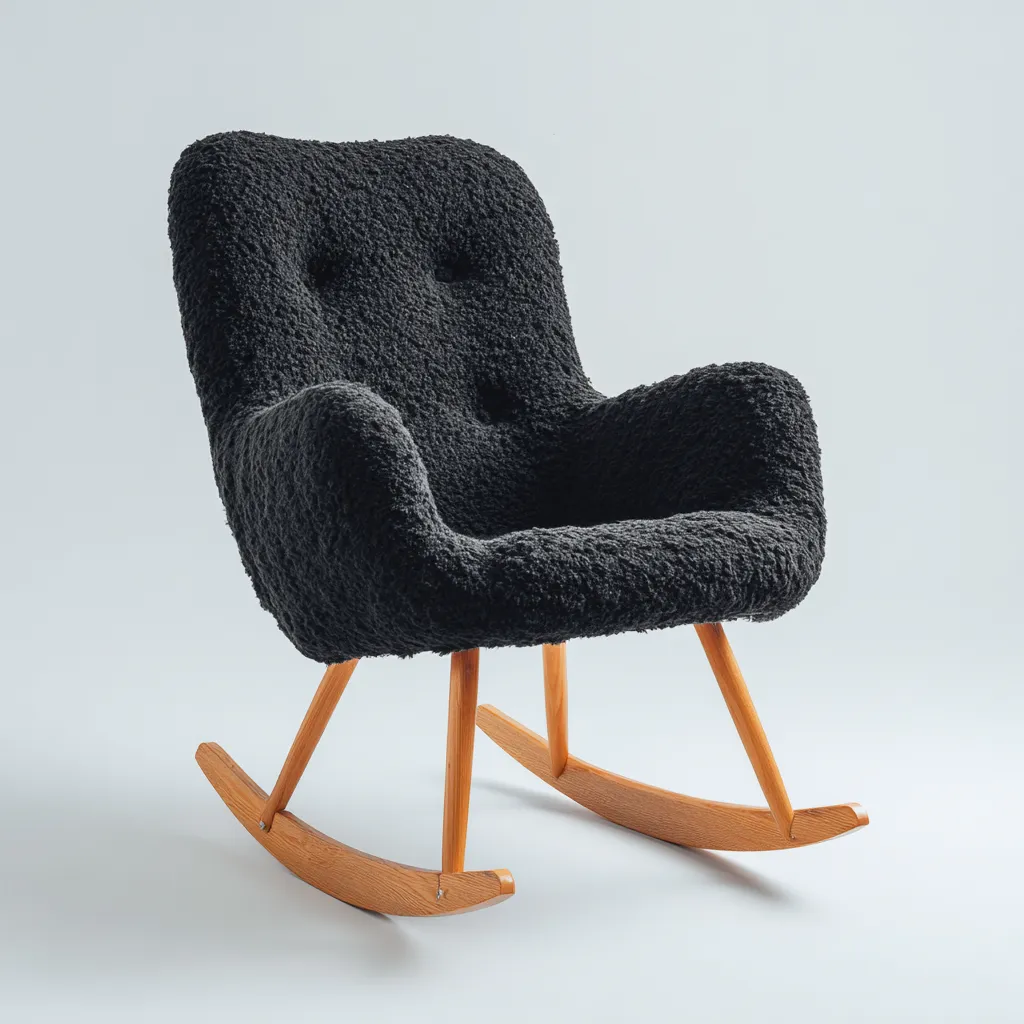 Schommelstoel pluche stof en hout 90x75x100 cm - zwart-natuurlijk hout - modern comfortabel ontwerp-Decoroliq