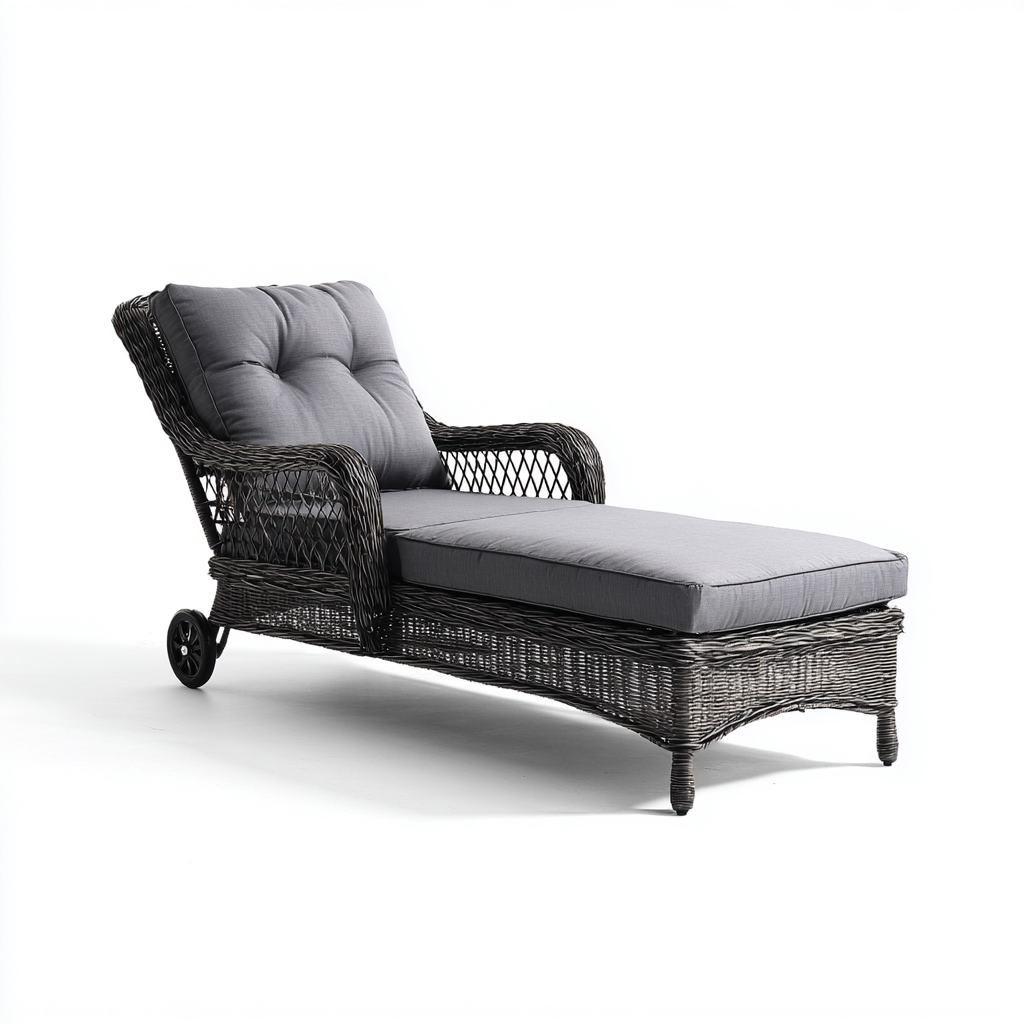 Ligstoel kunststof vlechtwerk 200x75x90 cm - donkergrijs-grijs - verstelbaar met armleuningen en wielen-Decoroliq