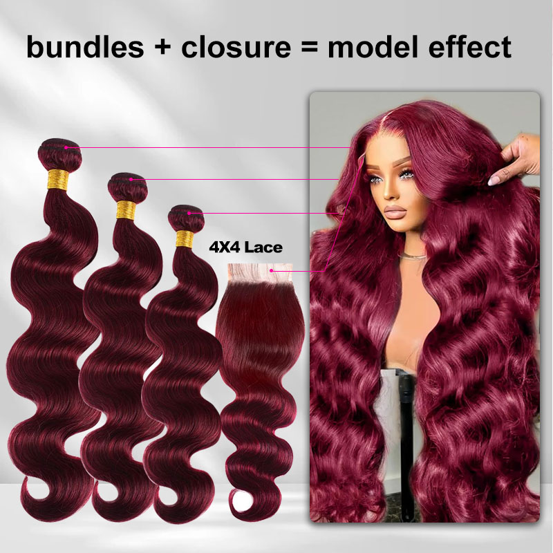 Grade 12A Premium 99J Burgundy Body Wave Human Hair Bundles | Buy 1 Get 3 FREE + FREE Gifts: 16" Closure & Wig Cap