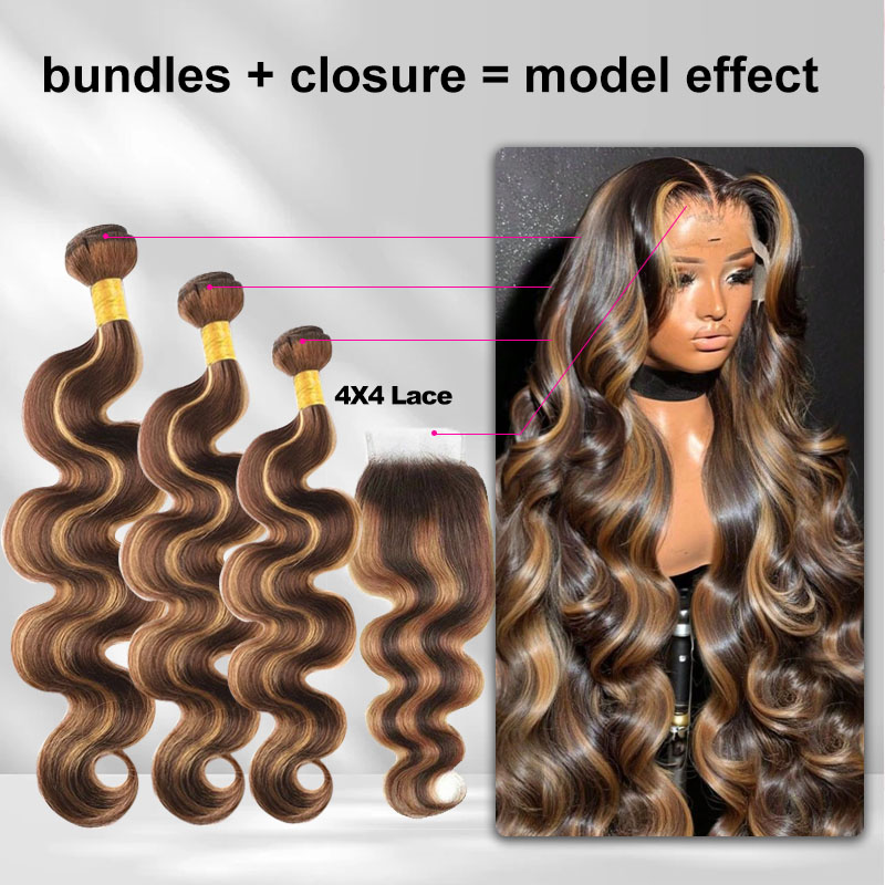 Grade 12A Premium 427 Highlight Body Wave Bundles (100% Virgin Hair) | FREE Gifts: 16" Lace Closure & Wig Cap