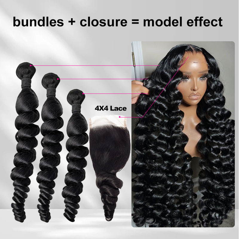 Grade 12A Premium Loose Wave Human Hair Bundles (16"-30" Available) | Buy 1 Get 3 FREE + 16" Lace Closure & Wig Cap