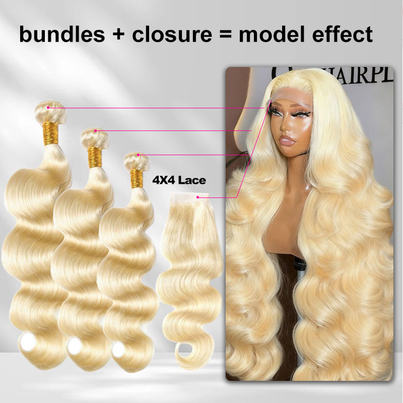 Grade 12A Premium 613 Blonde Body Wave Bundles (100%Virgin Hair) FREE Gifts: 16" Lace Closure, Wig Cap & Baby Hair