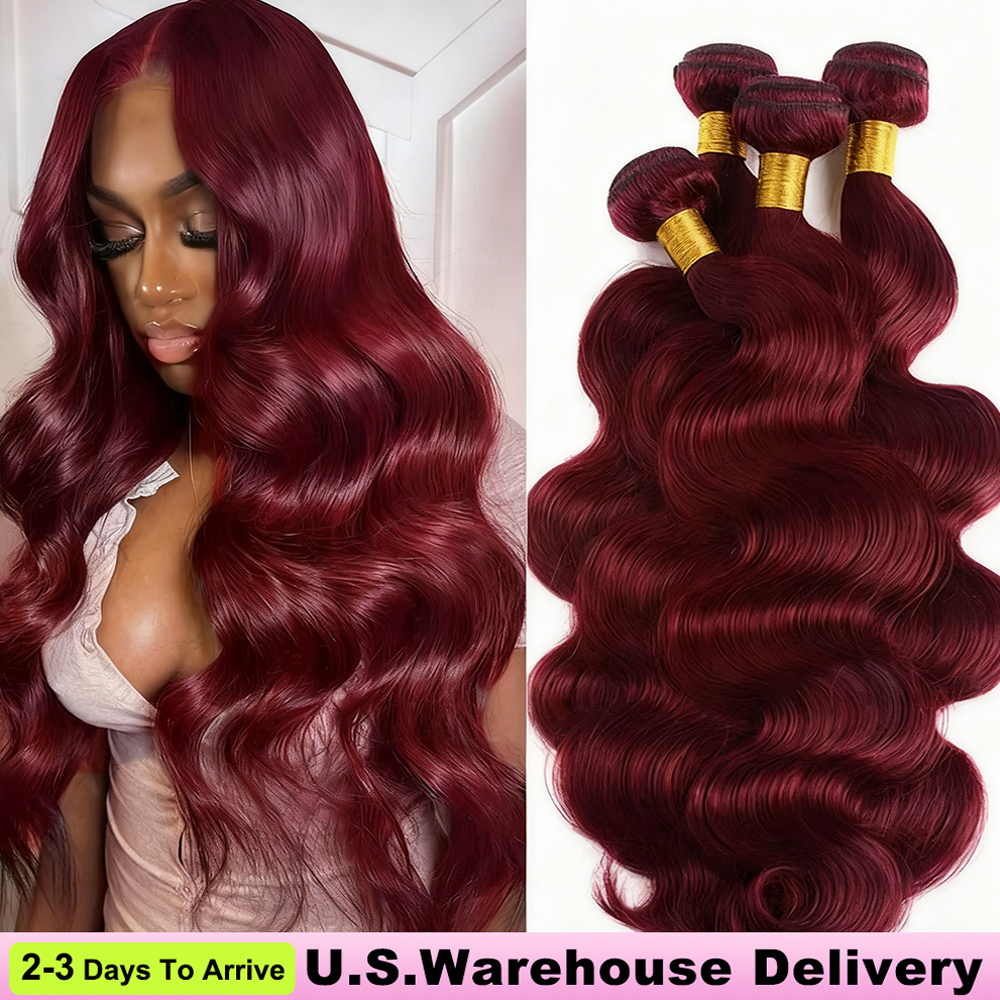 [Ship From US] Burgundy 99J Bundles with 4×4 HD Closure Deep Parting Body Wave 3 Bundles Brazilian Human Hair Weave