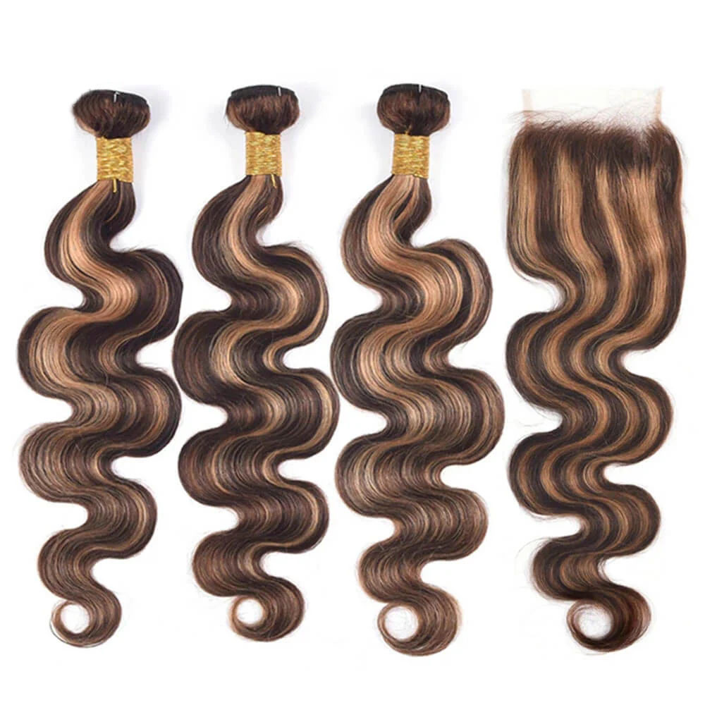 Buy 1 Get 3 FREE 427 Highlight Body Wave Bundles – 100% Virgin Hair | FREE Gifts: 16" Lace Closure, Wig Cap & Baby Hair 🎁