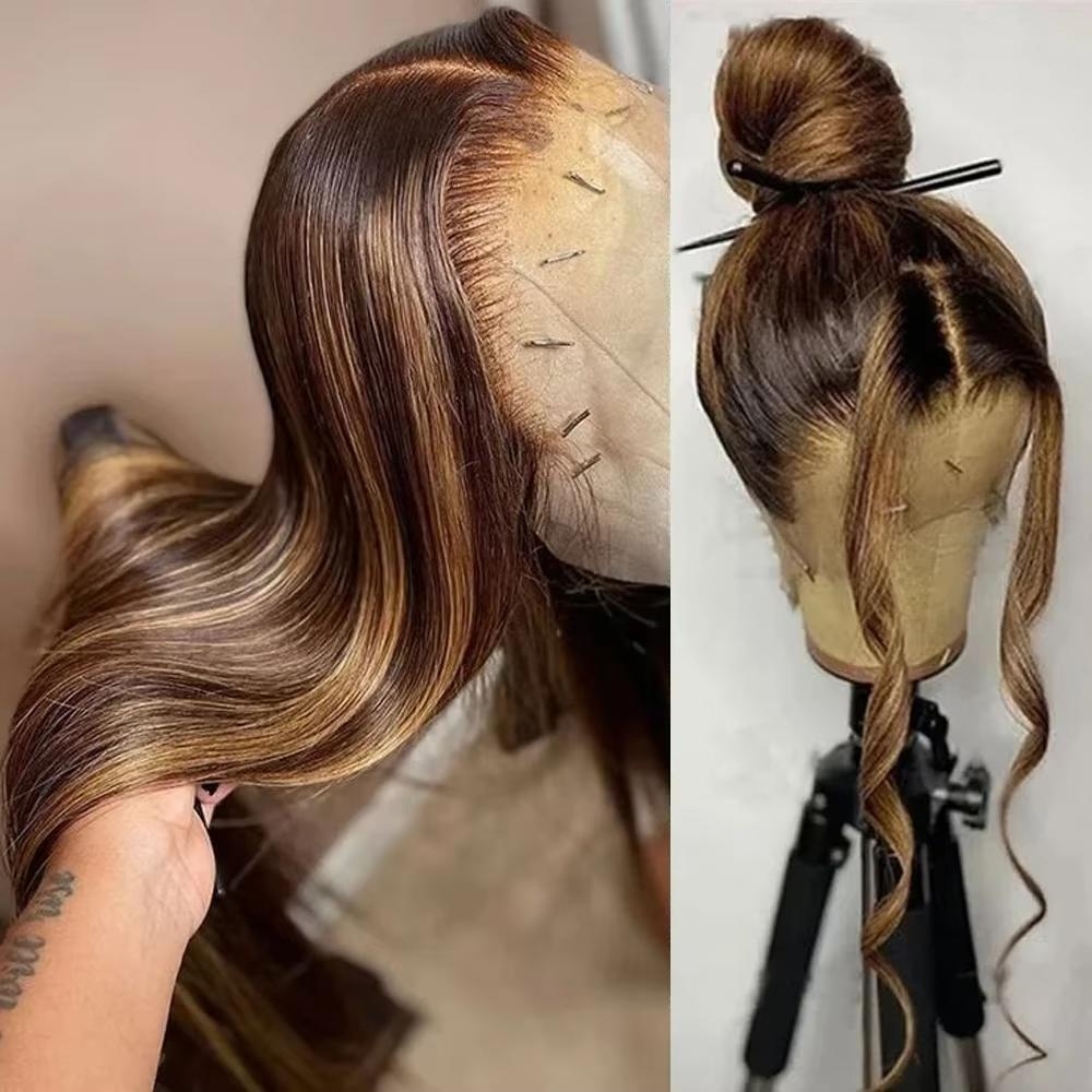 Rovess 28 Inch 360 Transparent Lace Front Human Hair Wig Ombre Honey Blonde 4/27 Highlight Full Lace Frontal Wig Available 20–34 Inch High Density