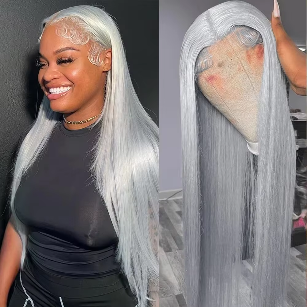 Silver Grey Bone Straight 13x4 Lace Frontal Human Hair Wigs Grey Straight Straight Wig Human Hair For Black Women