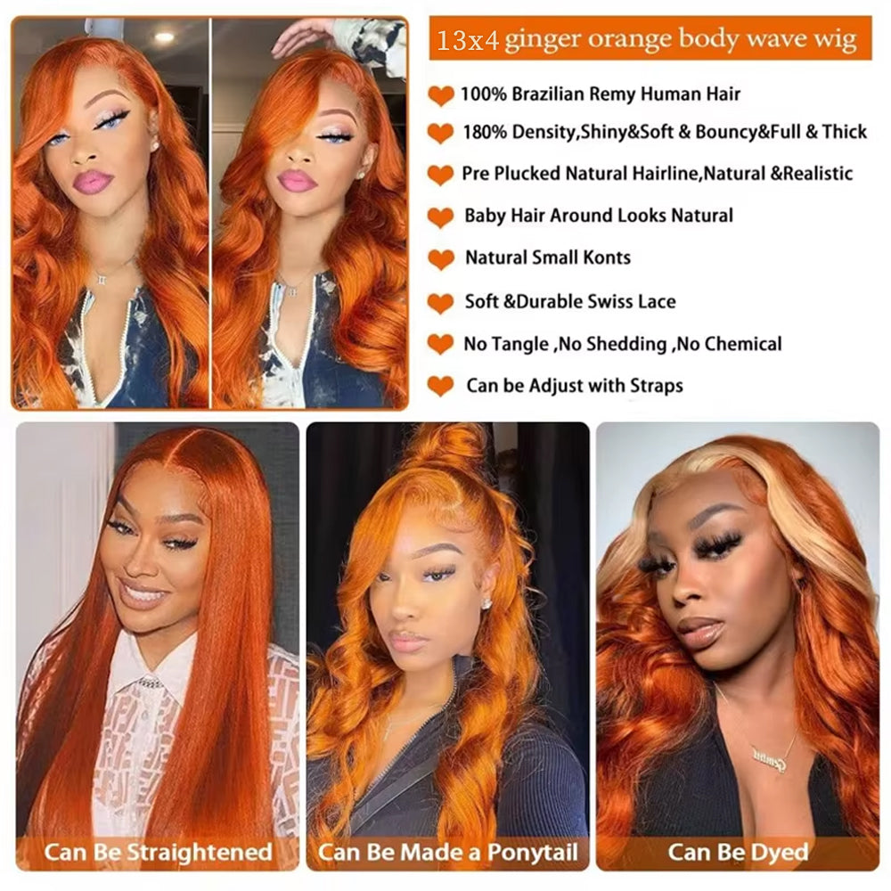 350 Ginger Orange Body Wave 13x4 Lace Front Wig Human Hair #350 Orange Pre Plucked Natural Hairline