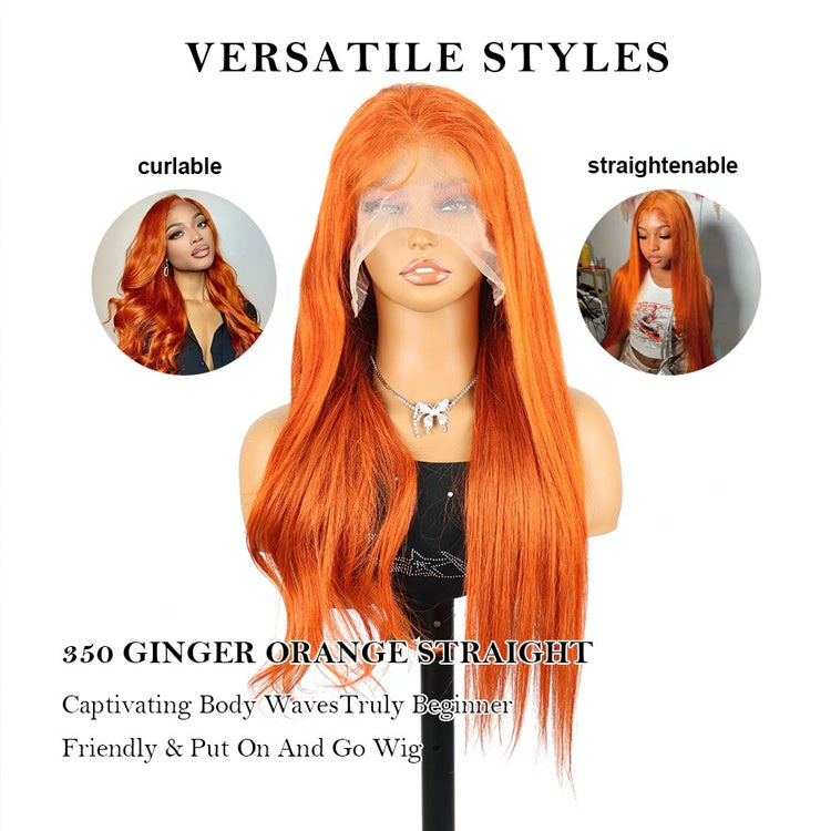 Straight Orange Ginger Lace Front Wigs Human Hair 350 Colored Brazilian 24-36 Inch 13X4 HD Lace Frontal Wigs Pre Plucked