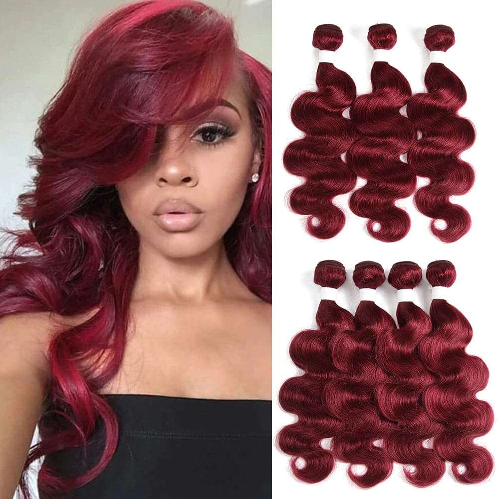 Grade 12A Premium 99J Burgundy Body Wave Human Hair Bundles | Buy 1 Get 3 FREE + FREE Gifts: 16" Closure & Wig Cap