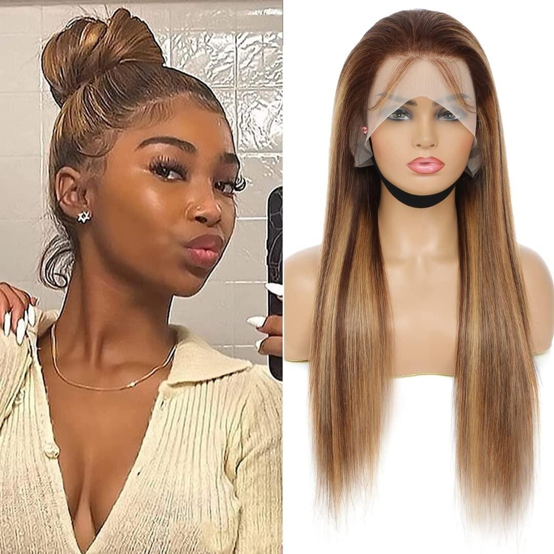 Rovess 28 Inch 360 Transparent Lace Front Human Hair Wig Ombre Honey Blonde 4/27 Highlight Full Lace Frontal Wig Available 20–34 Inch High Density
