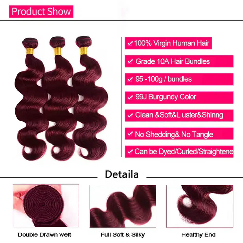 3 bundles 16-34 inch 99j Burgundy Red Body Wave Bundles Virgin Brazilian  100% Human Hair