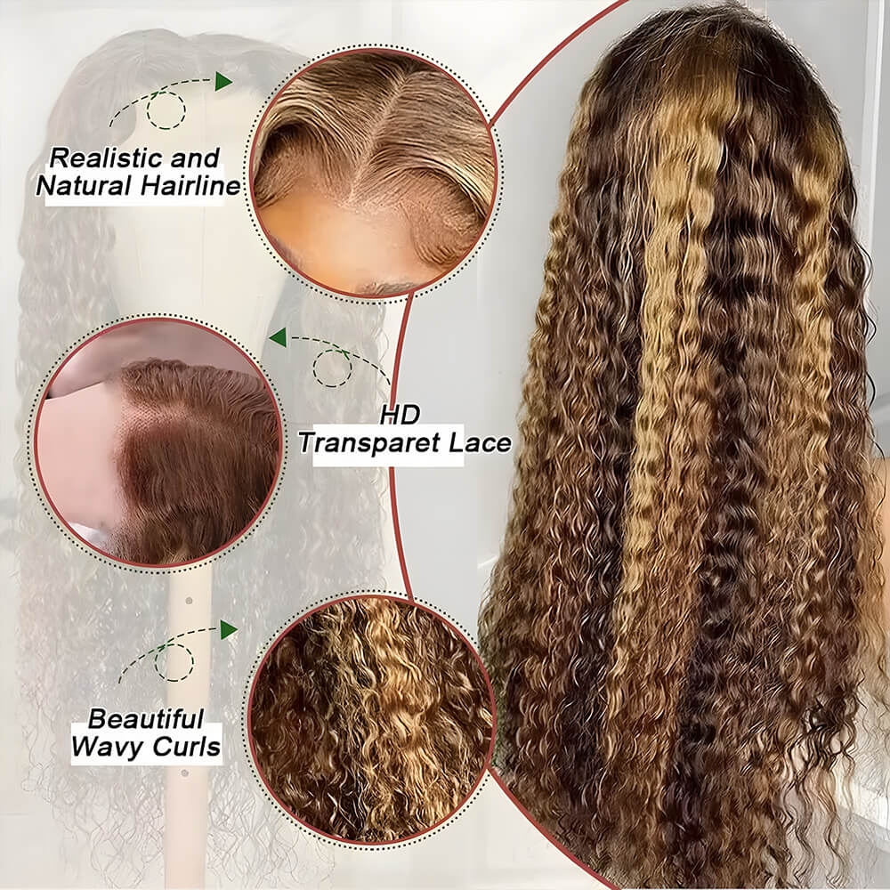 4/27 Highlight Ombre Curly Wigs 100% Brazilian Human Hair 13x6 Hd Lace Frontal Wig Honey Blonde 360 Deep Wave Human Hair For Women