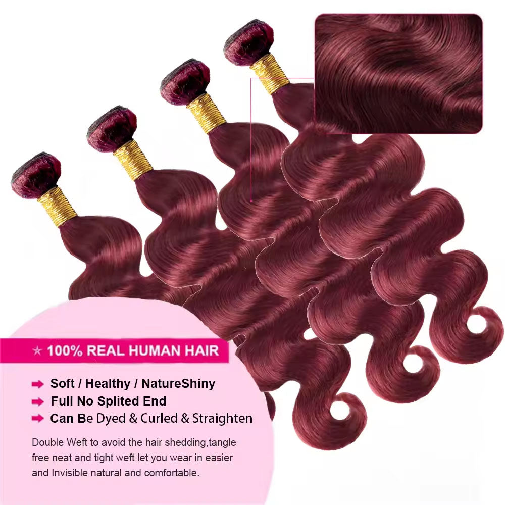 ?? 99J Burgundy Body Wave Bundles �C 100% Virgin Brazilian Hair | FREE Christmas Gifts: 16" Lace Closure, Wig Cap & Baby Hair ??