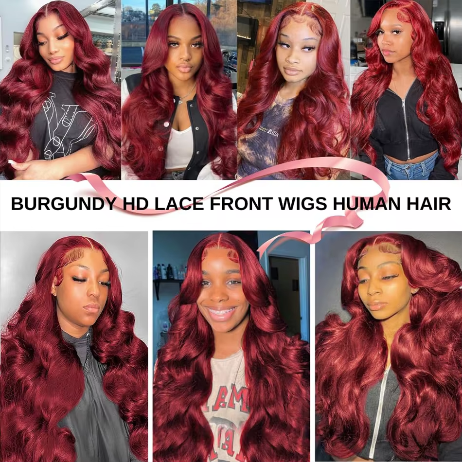 99j Burgundy Lace Front Human Hair Wig 18-38 Inch Lace Body Wave 13x6 HD Lace Frontal Wigs Human Hair For  Black Women