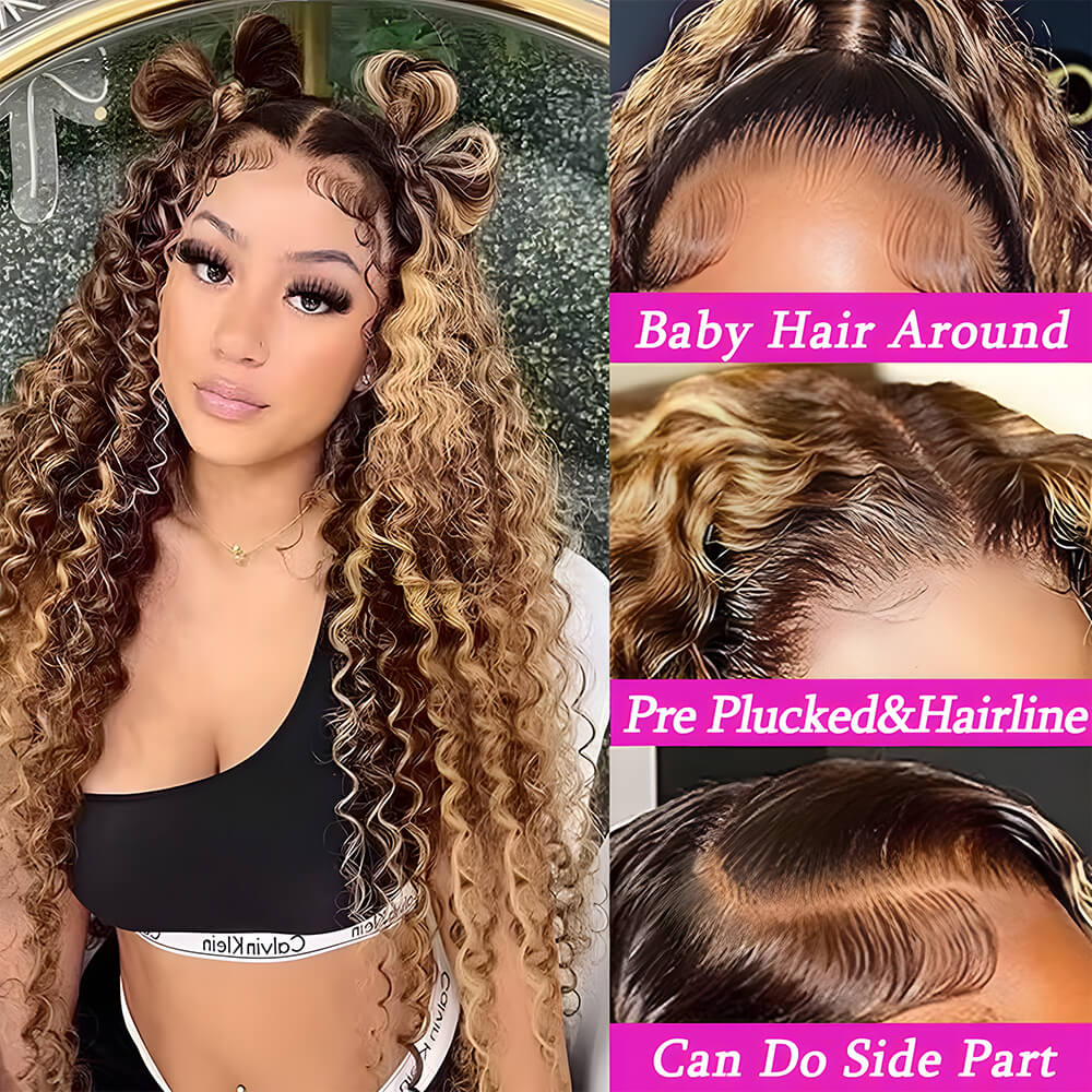 4/27 Highlight Ombre Curly Wigs 100% Brazilian Human Hair 13x6 Hd Lace Frontal Wig Honey Blonde 360 Deep Wave Human Hair For Women