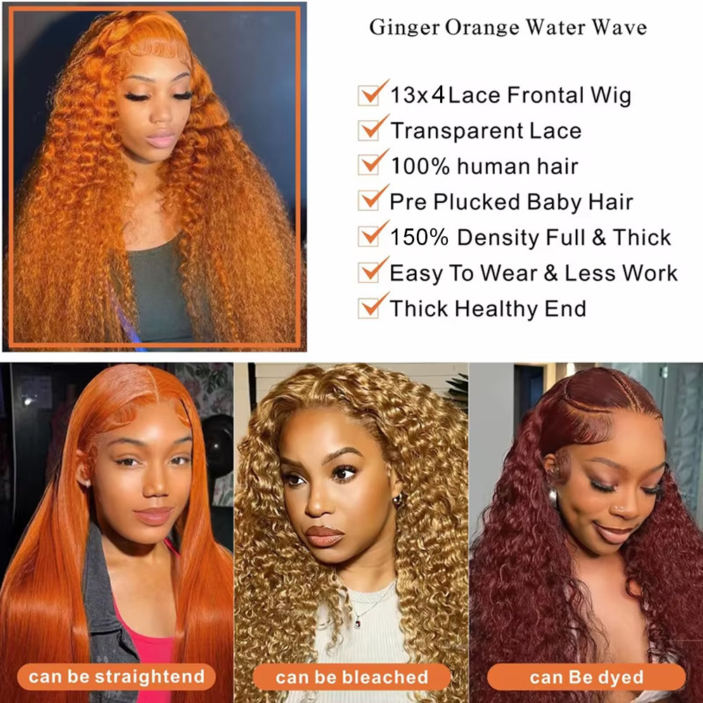 350 Ginger Orange Water Wave #350 Colored 13x4 Lace Front Wig Human Hair for Women Guluess Deep Curly Wigs Pre Plucked