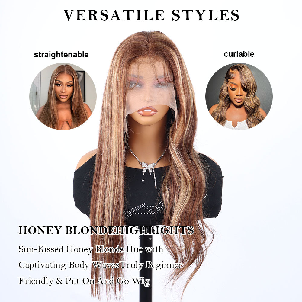 4/27 Ombre Highlight 13x6 Lace Front Wigs Human Hair 360 Straight Lace Frontal Wigs 18-38 Inch Human Hair Honey Blonde Wig For Women