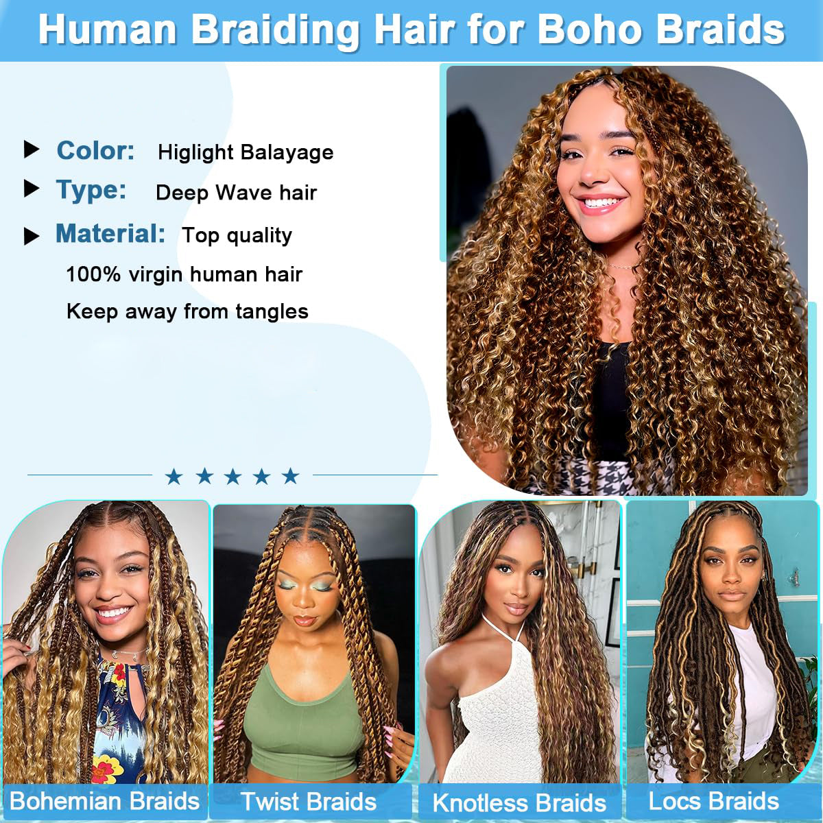 Rovess Virgin Human Hair 100% Unprocessed Boho Braiding 4/27 Highlight Deep Wave Hair Weaving 4 Bundles