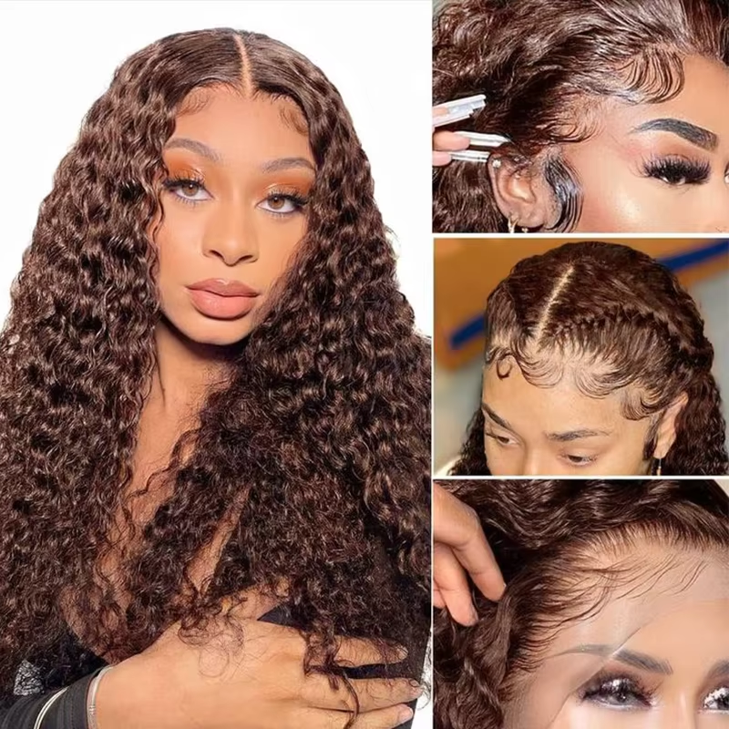 Hocolate Brown Curly Wigs 13X4 HD Human Hair Lace Frontal Wig 24-38 Inch Deep Wave Wig Human Hair Pre Plucked
