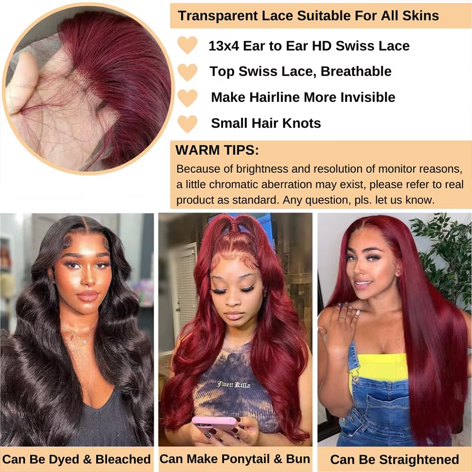 99j Burgundy Lace Front Human Hair Wig 18-38 Inch Lace Body Wave 13x6 HD Lace Frontal Wigs Human Hair For  Black Women