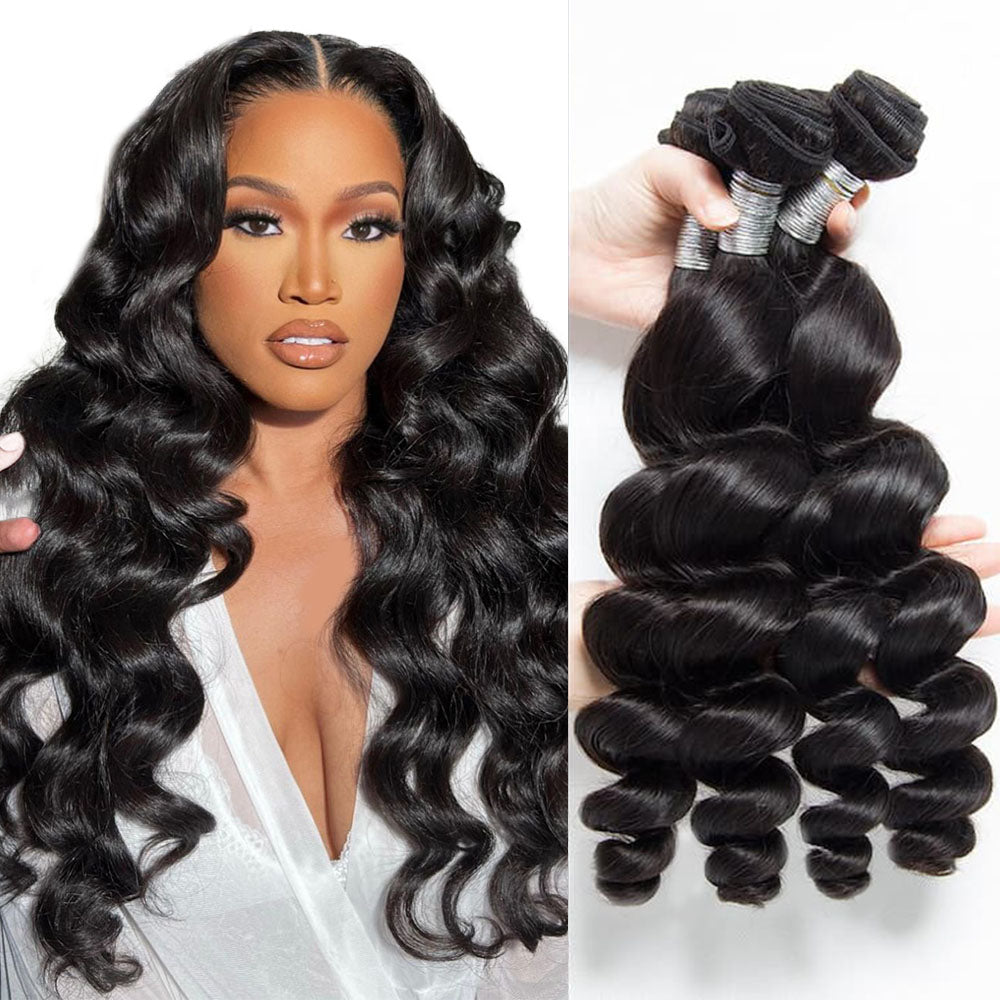 16–34 Inch Luxury Natural Black Loose Waves Bundles – 100% Virgin Brazilian Human Hair, 4 Bundles | FREE Gifts: 16" Lace Closure, Wig Cap & Baby Hair 🎁