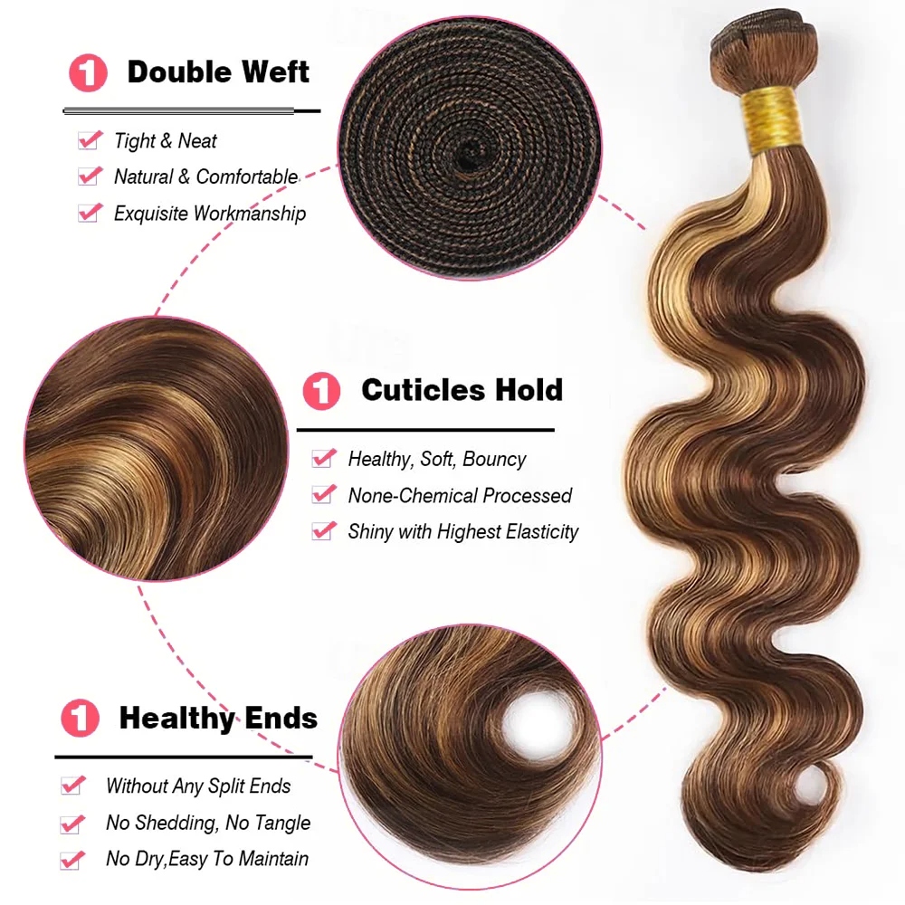16–30Inch4 27 Highlight Luxury Body Wave Virgin Malaysian Hair Bundles – 3/4 Bundles, Silky & Full, 100% Human Hair Extensions