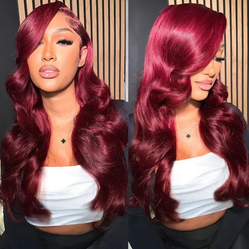 Burgundy Human 10A Hair Bundles Red Body Wave Bundles 16-30 inch 99j Human Hair Bundle Burgundy Body Wave Bundle Free HD Lace 16 Inch Closure