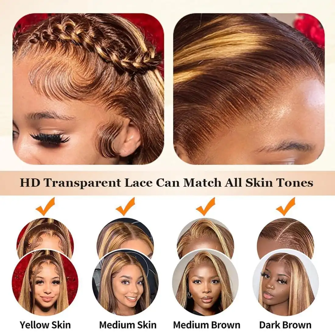 Rovess 28 Inch 360 Transparent Lace Front Human Hair Wig Ombre Honey Blonde 4/27 Highlight Full Lace Frontal Wig Available 20–34 Inch High Density