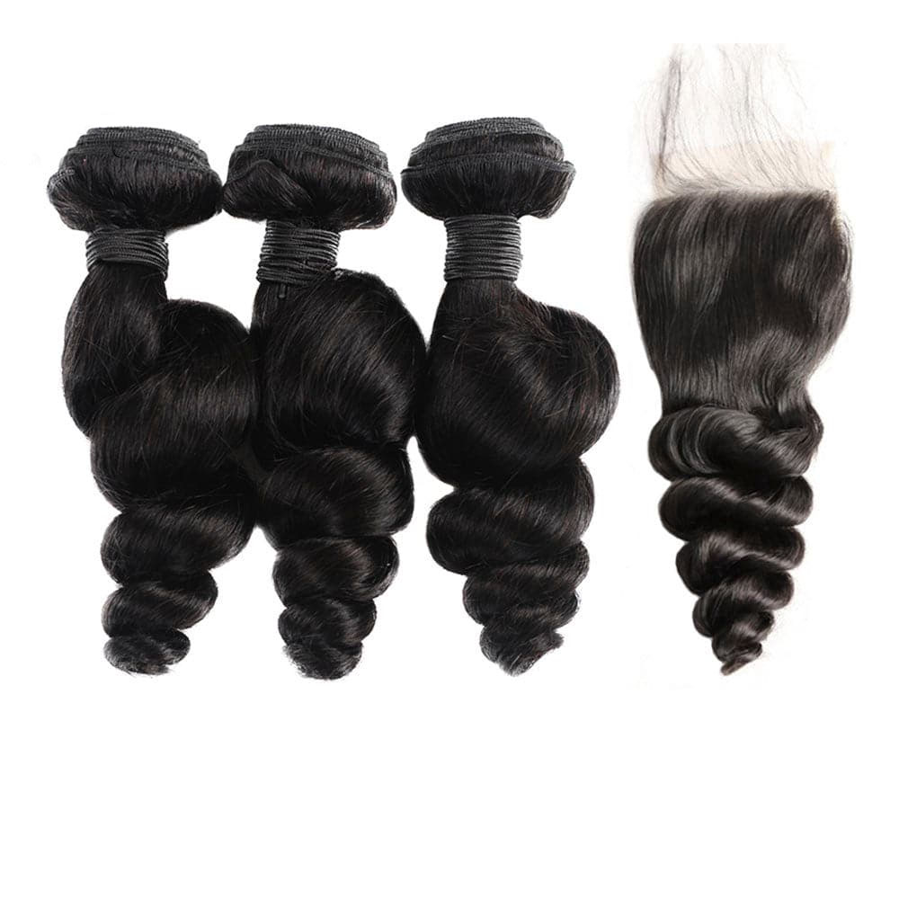 Buy 1 Get 3 FREE 16–30 Inch Luxury Natural Black Loose Wave Bundles | FREE Gifts: 16" Lace Closure, Wig Cap & Baby Hair 🎁
