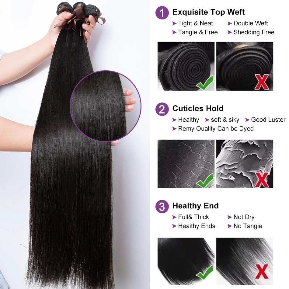 16-30 Inch Luxury Straight Virgin Malaysian Hair– 3/4 Bundles, Silky & Full, 100% Human Hair Extensions
