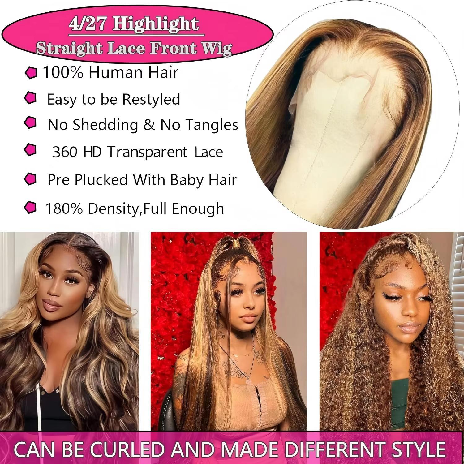 Rovess 28 Inch 360 Transparent Lace Front Human Hair Wig Ombre Honey Blonde 4/27 Highlight Full Lace Frontal Wig Available 20–34 Inch High Density