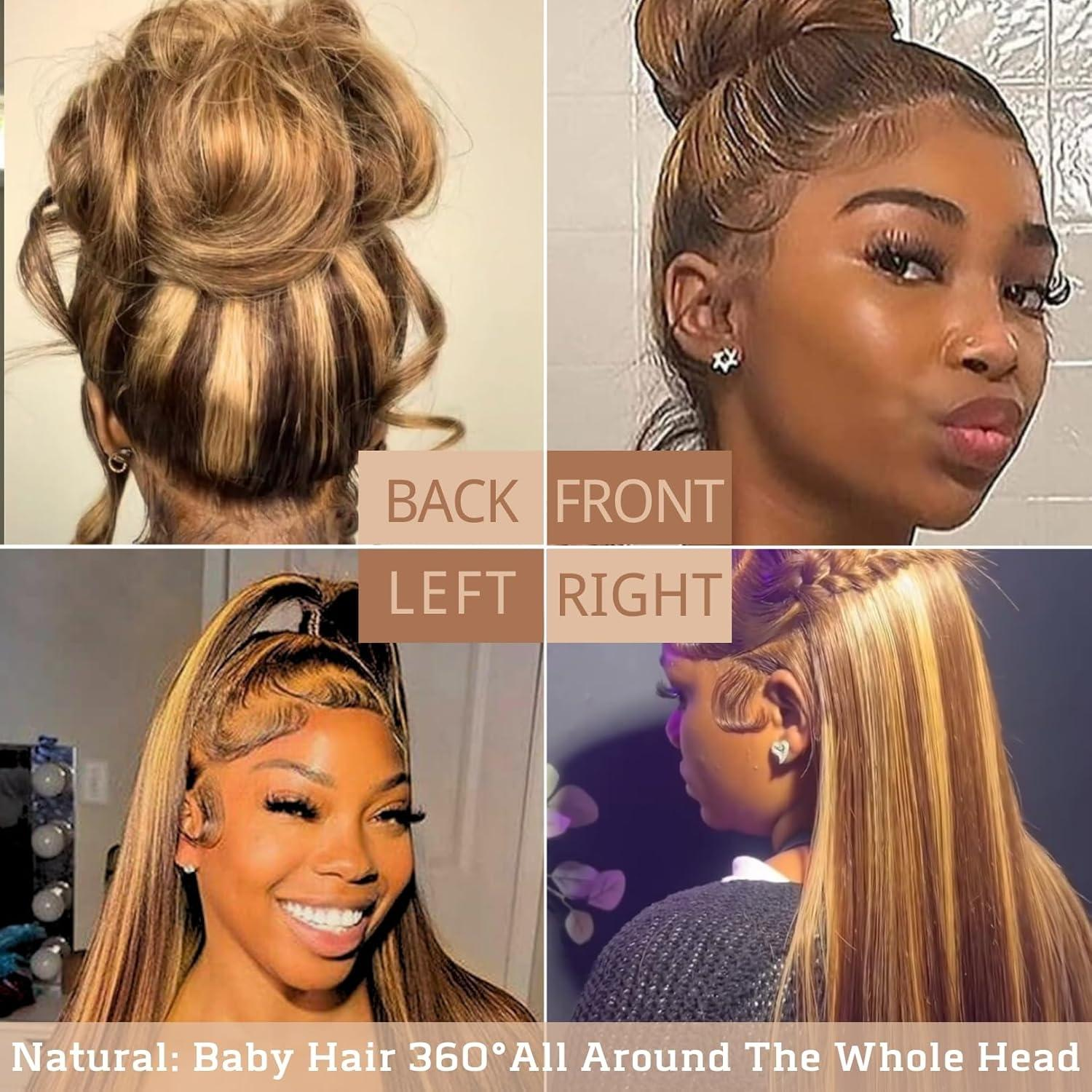 Rovess 28 Inch 360 Transparent Lace Front Human Hair Wig Ombre Honey Blonde 4/27 Highlight Full Lace Frontal Wig Available 20–34 Inch High Density
