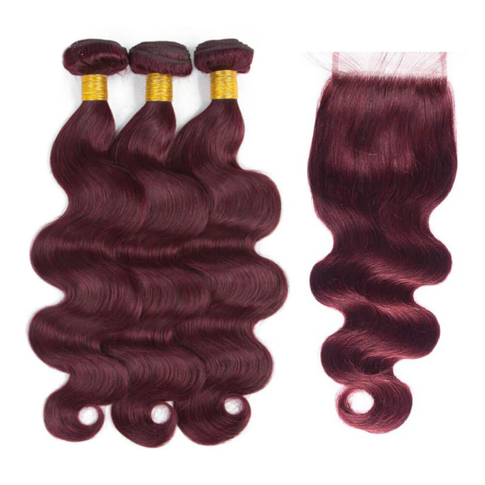 Buy 1 Get 3 FREE 99J Burgundy Body Wave Bundles –  | FREE Gifts: 16" Lace Closure, Wig Cap & Baby Hair 🎁