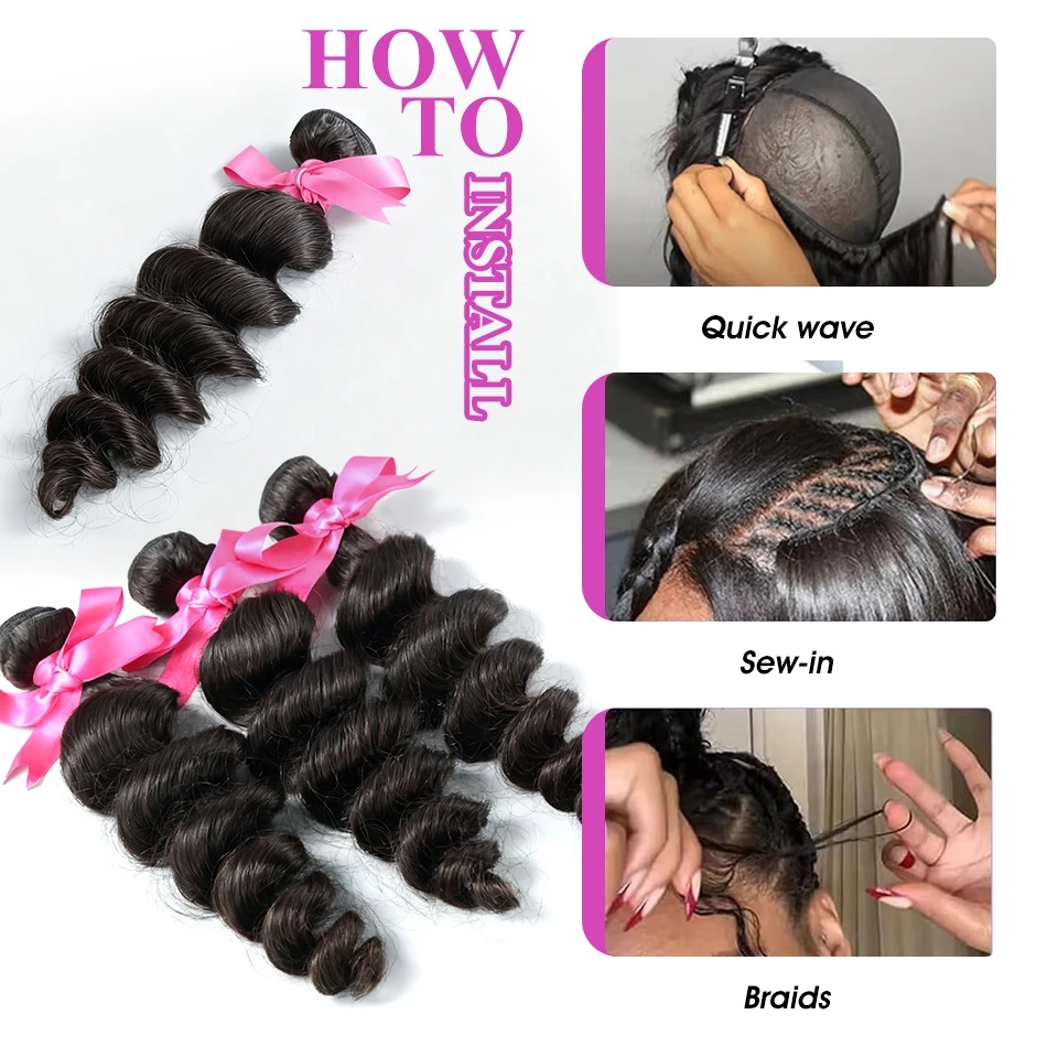 Natural Black 10A Hair Bundles Loose Wave Bundles 16-30 Inch Virgin Human Hair — Buy & Get Free 16'' HD Lace Closure