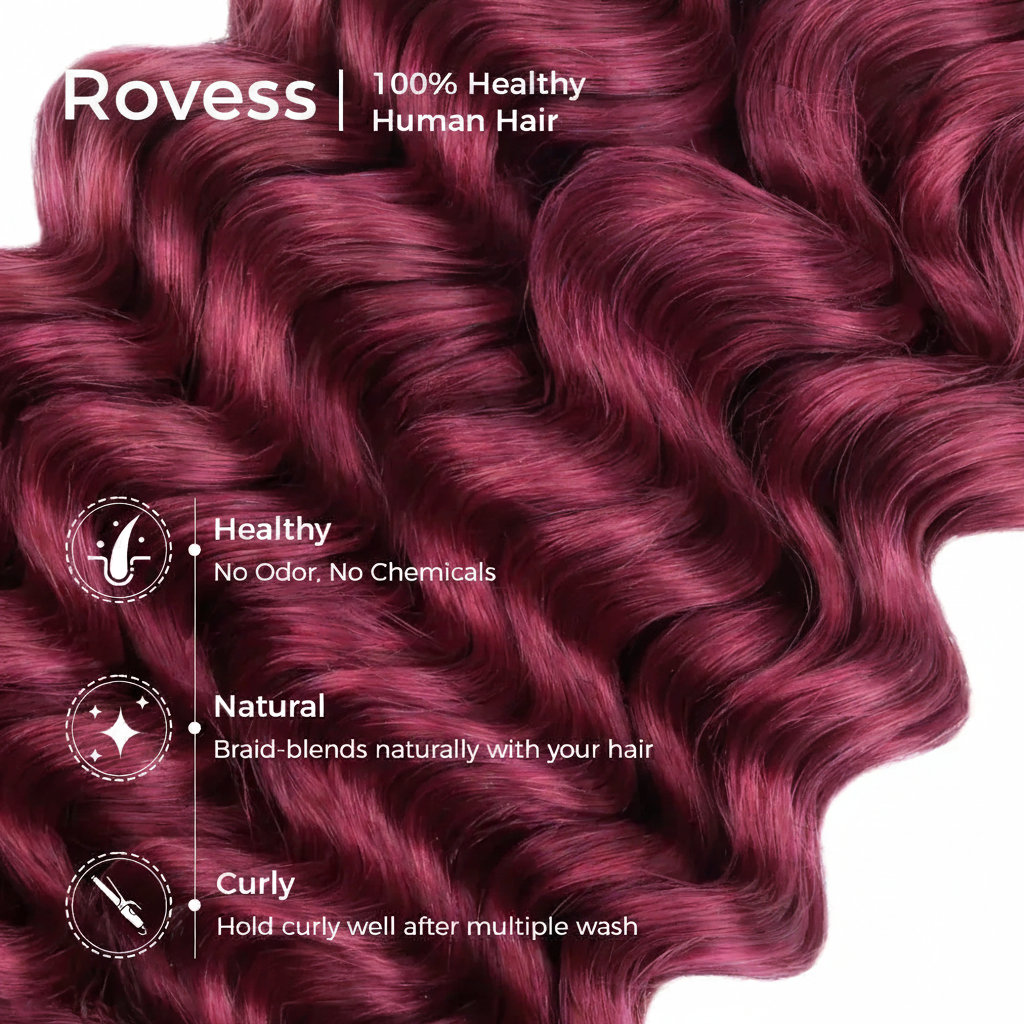 Rovess Human Hair Bulk Deep Wave 99J for Boho Braiding