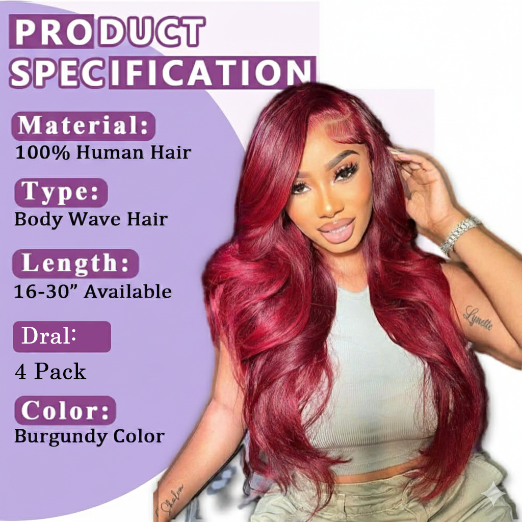 Burgundy Human 10A Hair Bundles Red Body Wave Bundles 16-30 inch 99j Human Hair Bundle Burgundy Body Wave Bundle Free HD Lace 16 Inch Closure