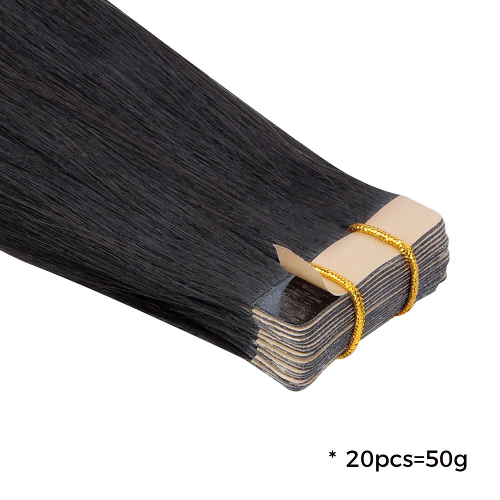 Tape-in Hair Extensions Human Hair Black Seamless Tape Hair Extensions Skin Weft PU Tape On Hair 25PCS 16"-20"