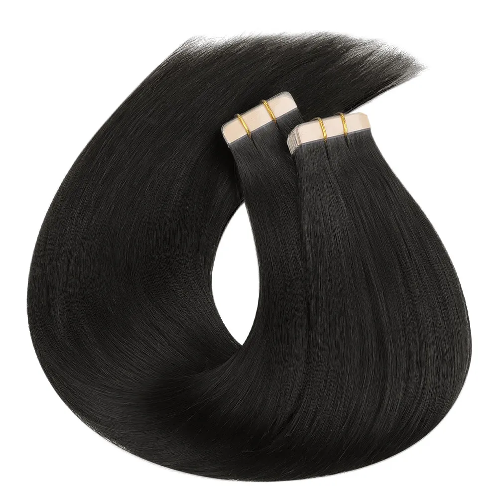 Tape-in Hair Extensions Human Hair Black Seamless Tape Hair Extensions Skin Weft PU Tape On Hair 25PCS 16"-20"