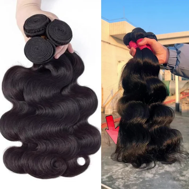 16–34 Inch Luxury Natural Black Body Wave Bundles – 100% Virgin Brazilian Human Hair, 4 Bundles | FREE Gifts: 16" Lace Closure, Wig Cap & Baby Hair 🎁