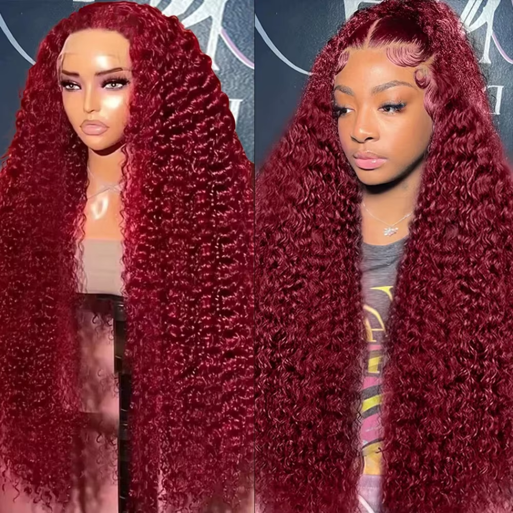 99j Burgundy Lace Front Wigs Human Hair Deep Wave 16-36 Inch 13x6 Lace Frontal Human Hair Wigs 99j Red Curly Wet And Wavy Wig﻿