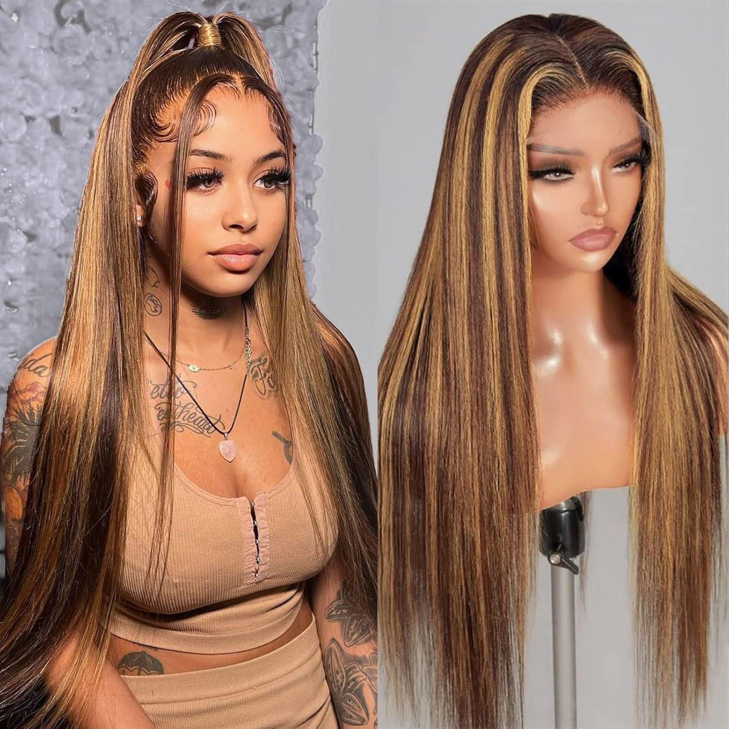 4/27 Ombre Highlight 13x6 Lace Front Wigs Human Hair 360 Straight Lace Frontal Wigs 16-36 Inch Human Hair Honey Blonde Wig For Women