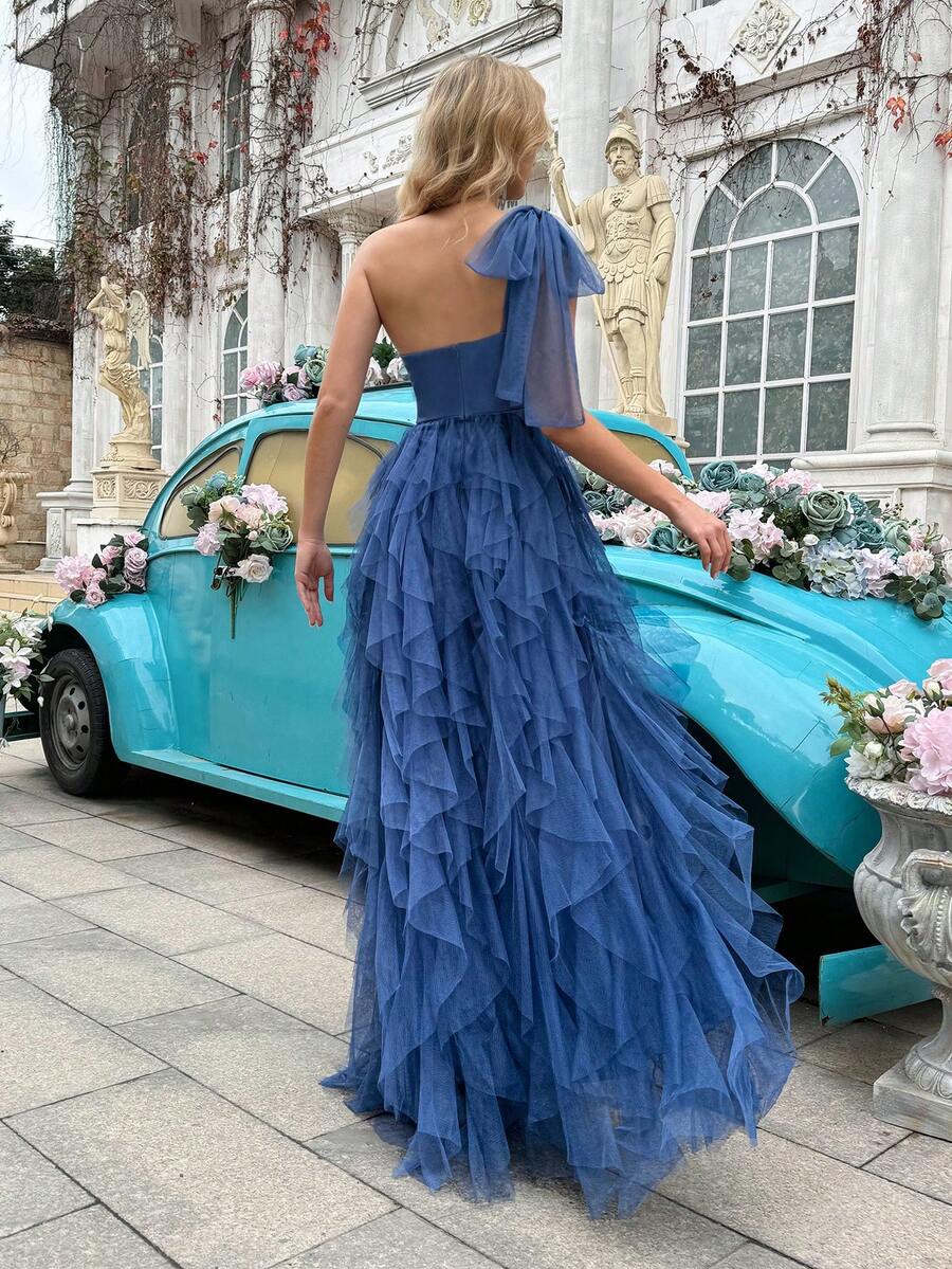 Simple Elegant Women Solid Color Asymmetric Neckline Sleeveless Formal Dress For Evening Party, Birthday Party, Graduation Ceremony, Prom, Galas